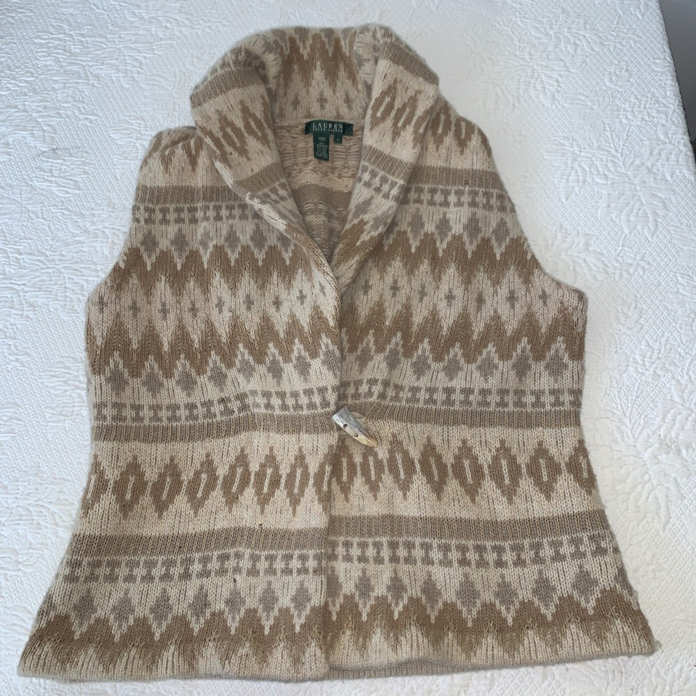 Ralph Lauren Southwestern Aztec Vintage Tan Sweater Shawl Vest Horn Wool L As Is